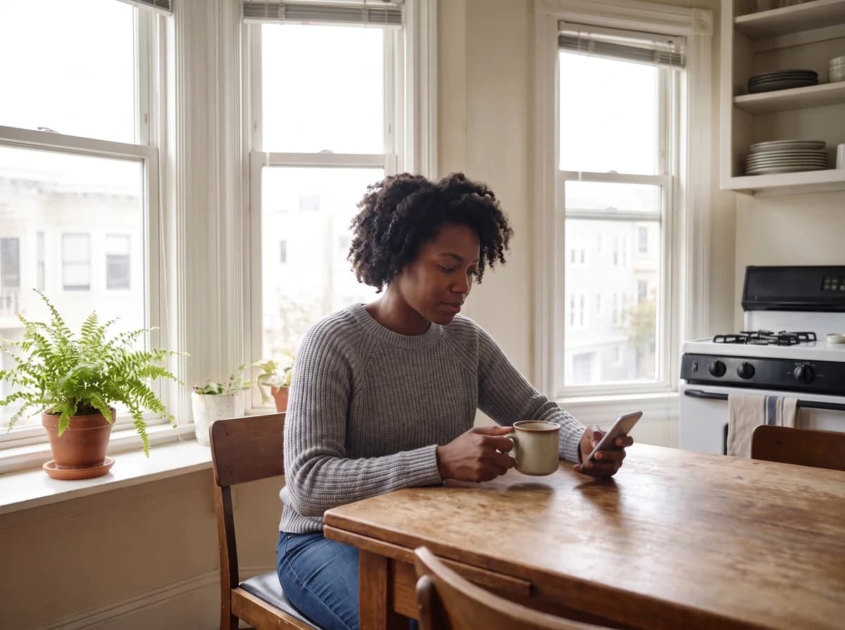 A woman at her kitchen counter booking Sorted on her phone.