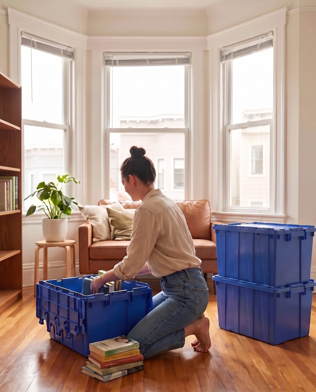 A woman kneels in a sunny living room, packing books into an open blue Sorted bin.